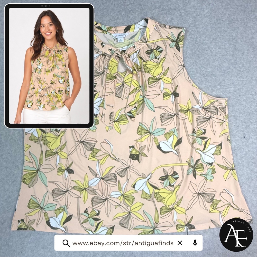 Liz Claiborne Womens 3X Peach Floral Sleeveless Keyhole Tie Neck Blouse Top